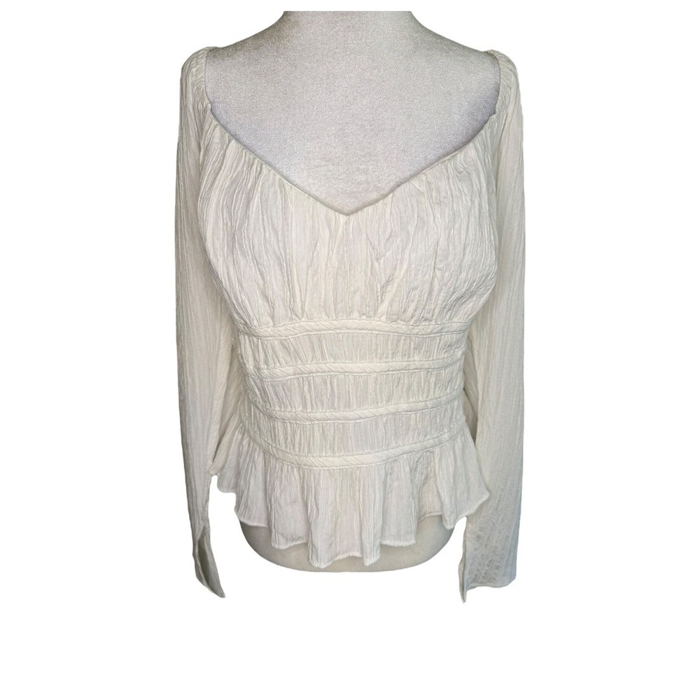 NEW Topshop Peplum Top Smocked Long Sleeve Textured White Blouse US Size 14